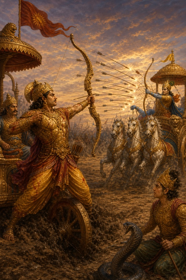 धँसे रथ पर खड़े कर्ण धनुष तानकर बाण छोड़ रहे हैं, सामने अर्जुन के तेजस्वी बाण आ रहे हैं