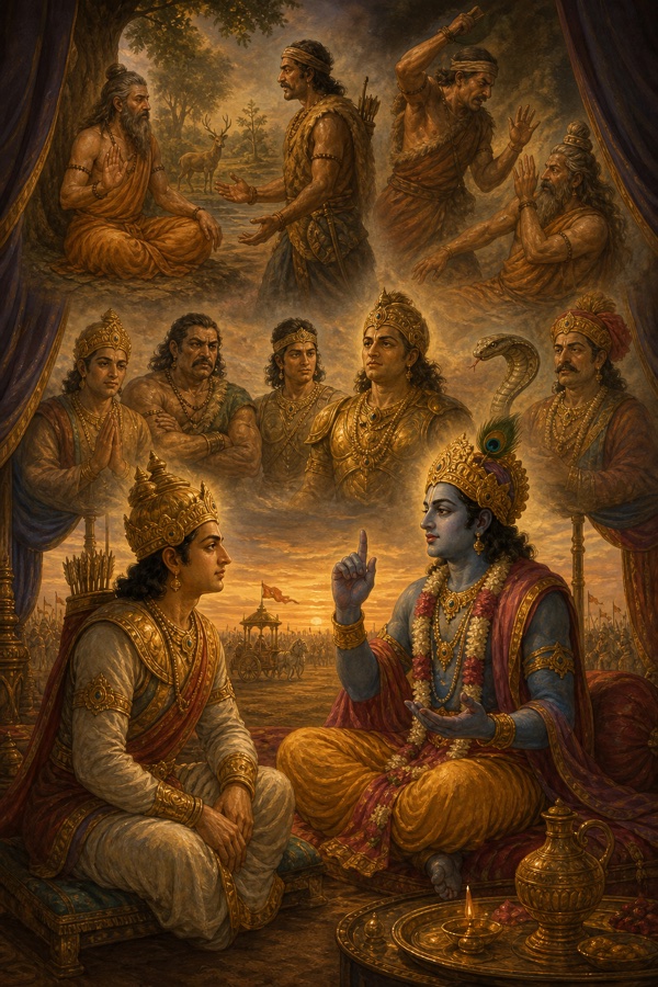 कृष्ण बैठे अर्जुन को समझा रहे हैं, ऊपर कर्ण के जीवन और शापों के दृश्य उभरे हैं