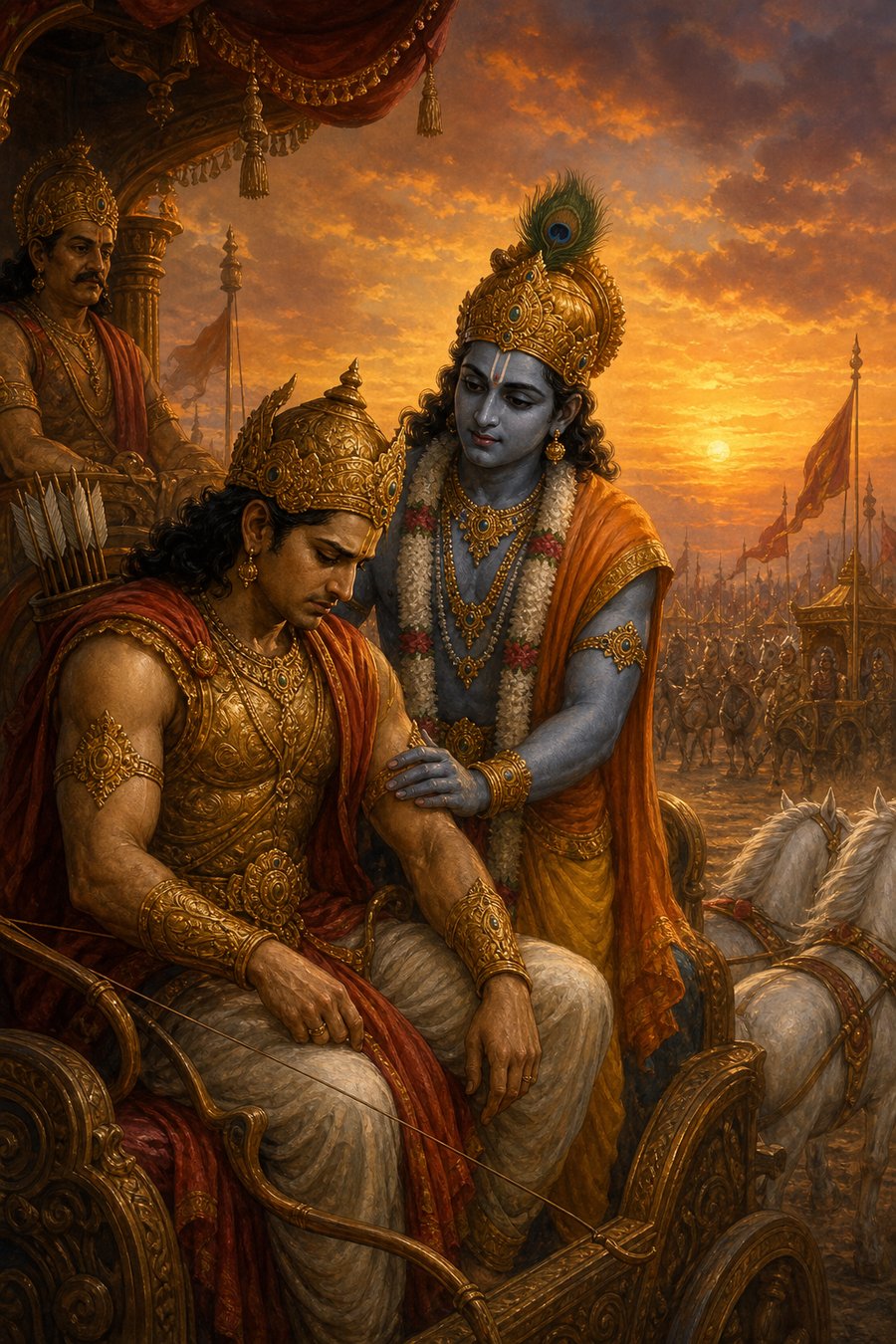 संध्याकालीन रणभूमि में कृष्ण उदास बैठे अर्जुन की बाँह पर हाथ रखे सांत्वना दे रहे हैं