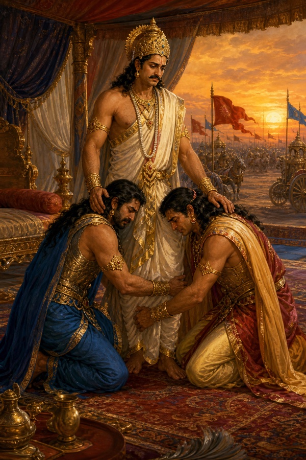 युधिष्ठिर शिविर में घुटने टेके दो योद्धाओं के सिरों पर आशीर्वाद का हाथ रखे खड़े हैं