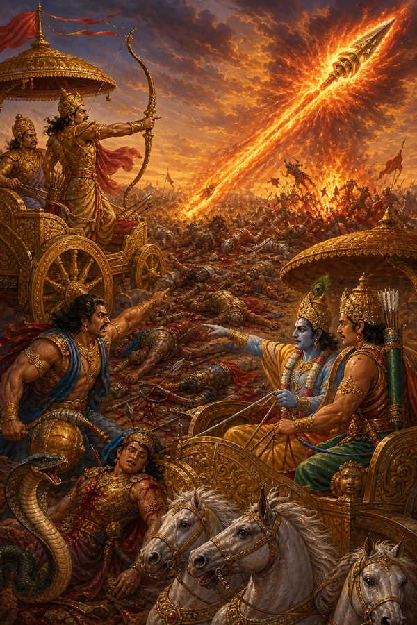 कर्ण के धनुष से छूटा अग्निमय महाबाण आकाश चीर रहा है, दूसरी ओर कृष्ण हाथ बढ़ाकर संकेत कर रहे हैं