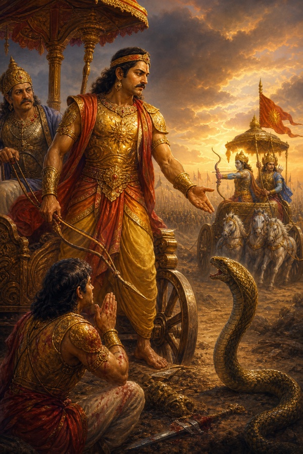 कर्ण हाथ बढ़ाकर दूर खड़े अर्जुन के रथ से कुछ कह रहे हैं, पास विशाल सर्प फन उठाए है