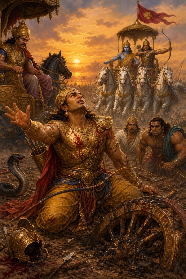घायल कर्ण धँसे पहिये के पास घुटनों पर हाथ फैलाए हैं, पीछे अर्जुन धनुष ताने खड़े हैं