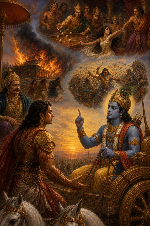 कृष्ण उँगली उठाकर घायल कर्ण से कठोर सत्य कह रहे हैं, ऊपर द्यूतसभा और चक्रव्यूह के दृश्य उभरे हैं