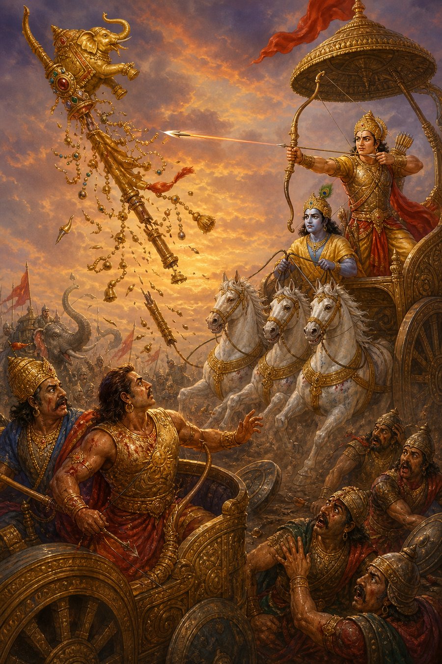 अर्जुन के बाण से कर्ण के रथ की हाथी-चिह्न वाली स्वर्णिम ध्वजा टूटकर गिर रही है