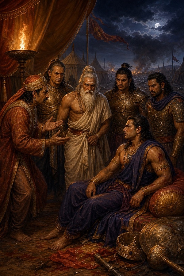 रात्रि शिविर में उदास बैठे दुर्योधन को श्वेतकेश वृद्ध गुरु और योद्धा घेरकर मंत्रणा कर रहे हैं
