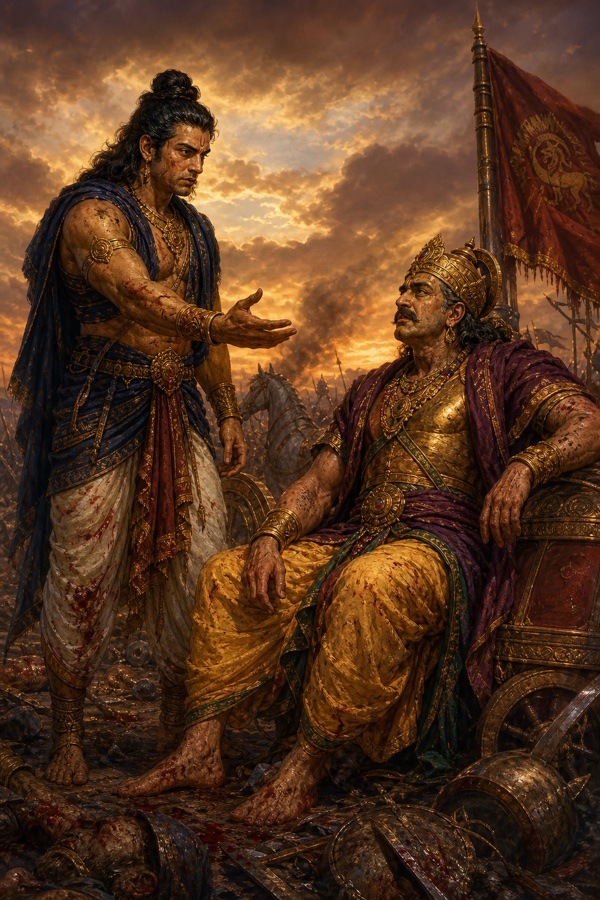 दुर्योधन हाथ बढ़ाकर बैठे हुए राजा शल्य से सेनापति बनने का अनुरोध कर रहे हैं