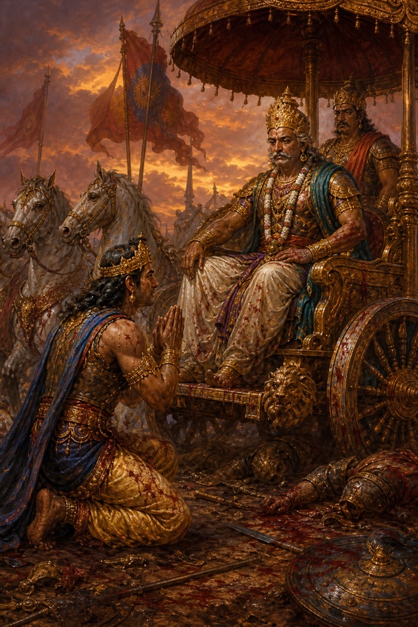 घुटने टेके दुर्योधन हाथ जोड़कर रथ पर विराजमान वृद्ध शल्य से प्रार्थना कर रहे हैं