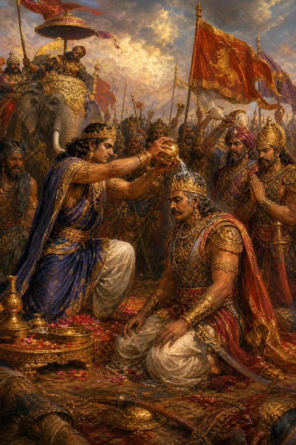 दुर्योधन स्वर्ण कलश से जल ढालकर घुटने टेके शल्य का सेनापति पद पर अभिषेक कर रहे हैं