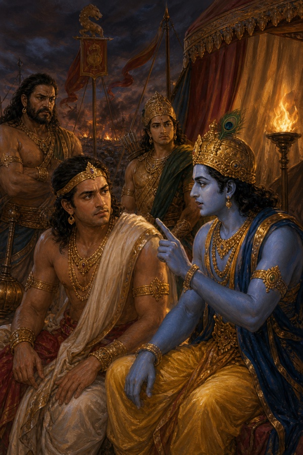रात्रि शिविर में कृष्ण उँगली उठाकर युधिष्ठिर को समझा रहे हैं, पीछे भीम और अर्जुन खड़े हैं