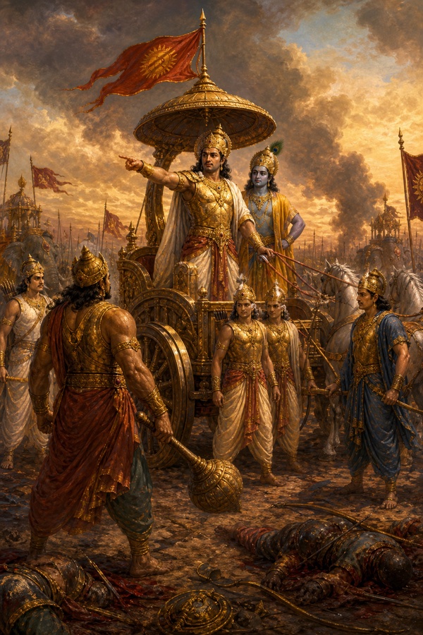 रथ पर खड़े युधिष्ठिर शत्रु की ओर संकेत कर रहे हैं, पास कृष्ण और नीचे गदाधारी भीम हैं