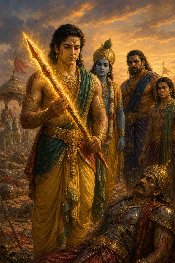 युधिष्ठिर दोनों हाथों में तेज से दहकती दिव्य शक्ति थामे हैं, पास कृष्ण और भाई खड़े हैं