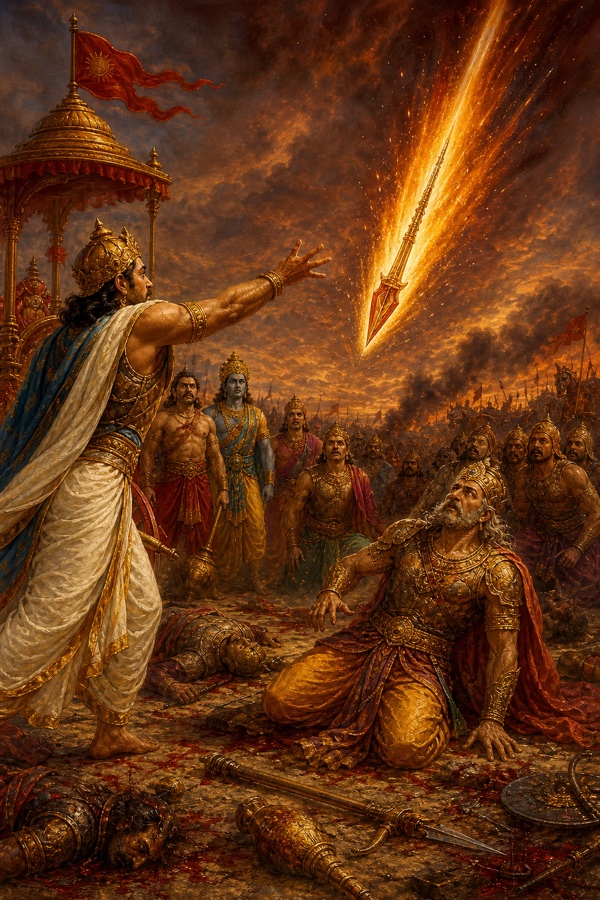 युधिष्ठिर की फेंकी ज्वालामयी शक्ति आकाश चीरती हुई घुटनों पर बैठे शल्य की ओर गिर रही है