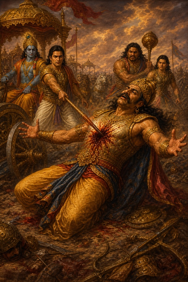 छाती में शक्ति धँसने से शल्य गिर रहे हैं, पास युधिष्ठिर खड़े हैं और कृष्ण रथ पर हैं