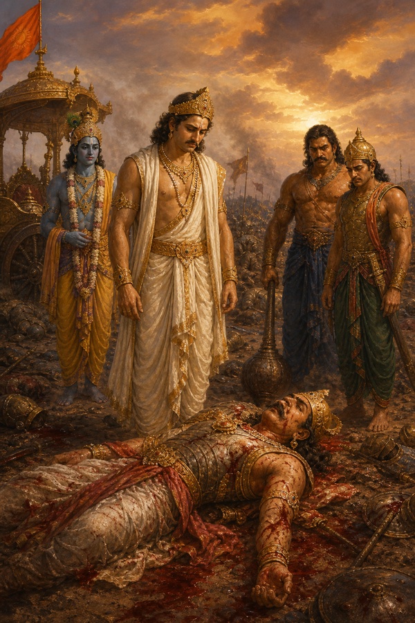 युधिष्ठिर, कृष्ण और भाई रणभूमि में शल्य के पार्थिव शरीर के पास मौन खड़े हैं