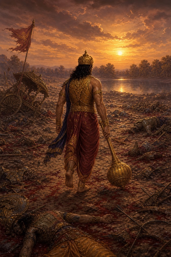 गदा घसीटते दुर्योधन शवों से भरी रणभूमि पार कर संध्या में सरोवर की ओर जा रहे हैं