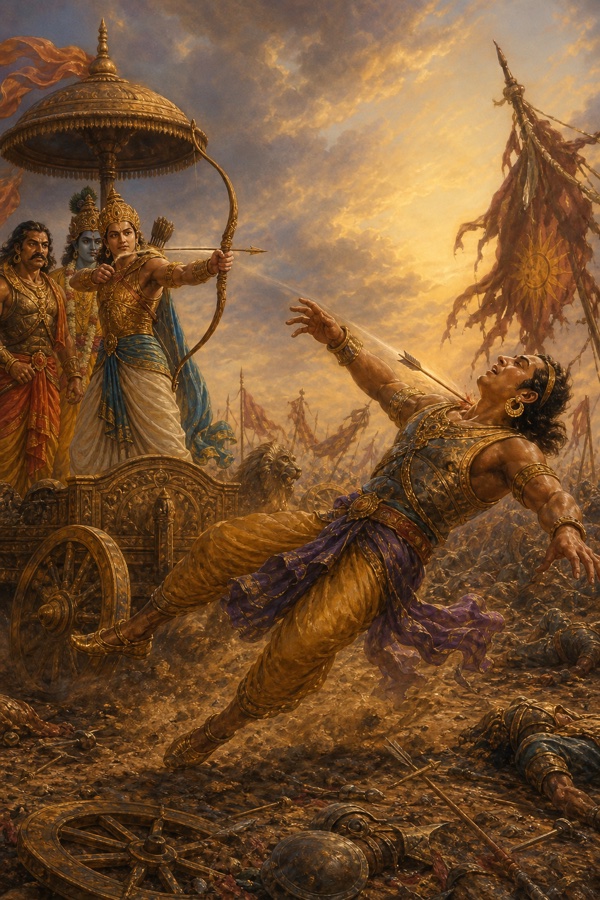अर्जुन रथ से बाण चला रहे हैं, गले में बाण लगते ही शत्रु योद्धा पीछे गिर रहा है