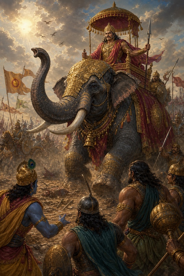 स्वर्ण से सजे विशाल गजराज पर बैठा राजा भाला उठाए है, नीचे कृष्ण और गदाधारी योद्धा हैं
