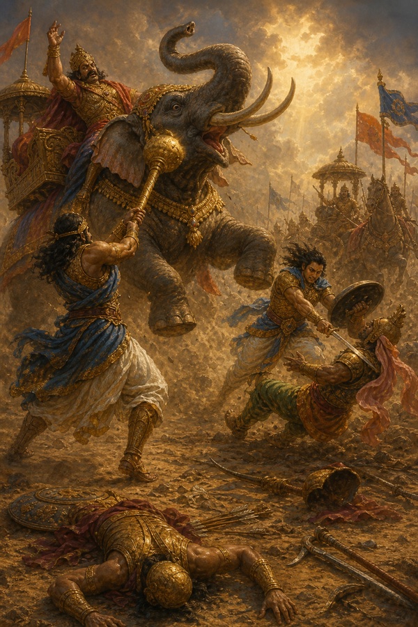 एक योद्धा उछलते हाथी पर गदा से प्रहार कर रहा है, दाईं ओर दो योद्धा तलवार से भिड़े हैं