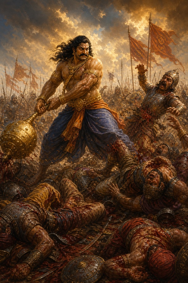 भीम विशाल स्वर्ण गदा लिए मारे गए सैनिकों के ढेर के बीच खड़े हैं, पास शत्रु भयभीत हट रहा है