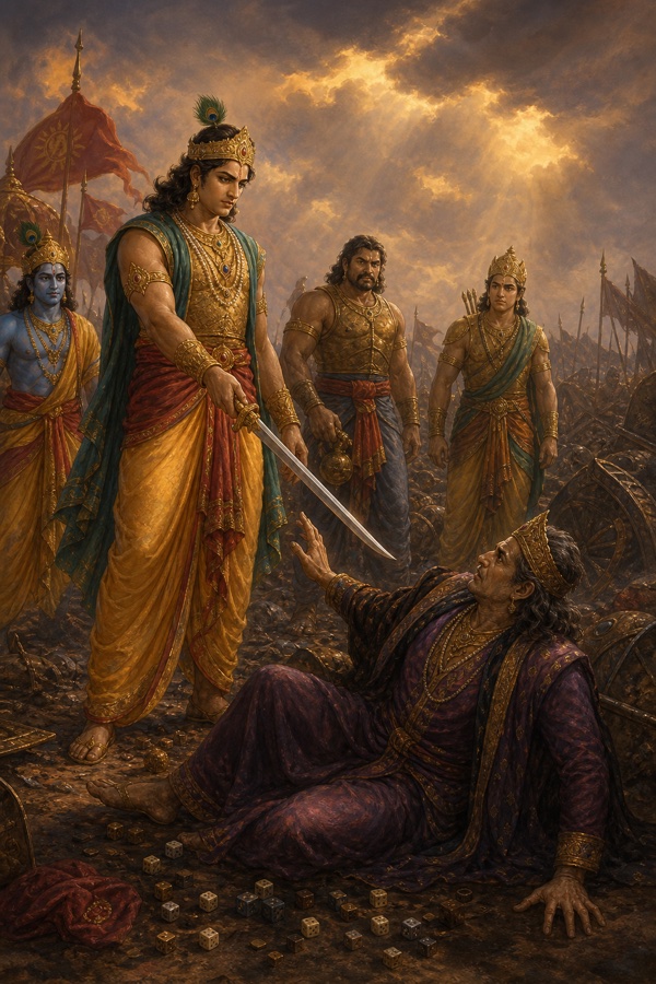 सहदेव तलवार ताने भूमि पर गिरे शकुनि के सामने खड़े हैं, चारों ओर पासे बिखरे हैं