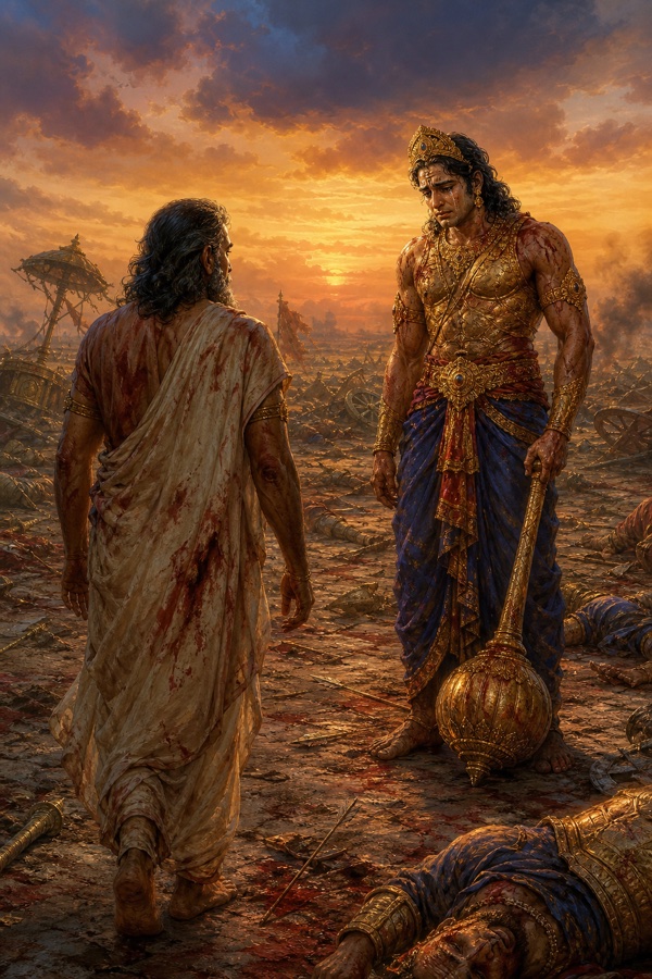 आहत दुर्योधन गदा टेके खड़े हैं, रक्तरंजित वस्त्रों वाले वृद्ध पुरुष उनके पास आ रहे हैं