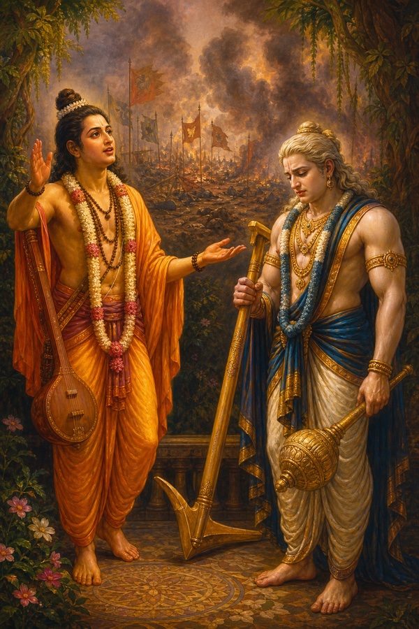 वीणा लिए नारद हल-गदाधारी शोकाकुल बलराम से बात करते हैं, पीछे रणभूमि से धुआं उठता है।