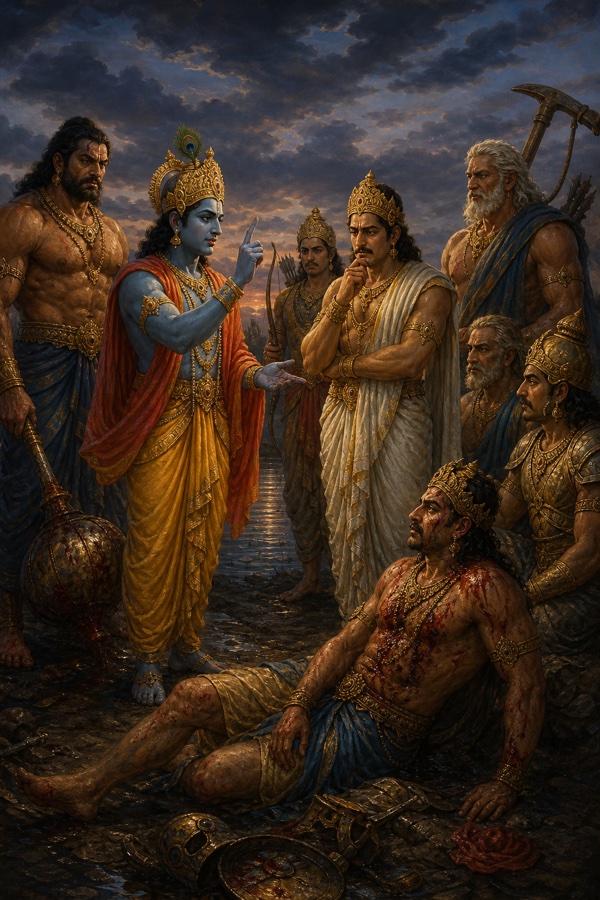 घायल दुर्योधन भूमि पर पड़ा है, कृष्ण उंगली उठाकर बोलते हैं, भीम, युधिष्ठिर और अन्य योद्धा घेरकर खड़े हैं।
