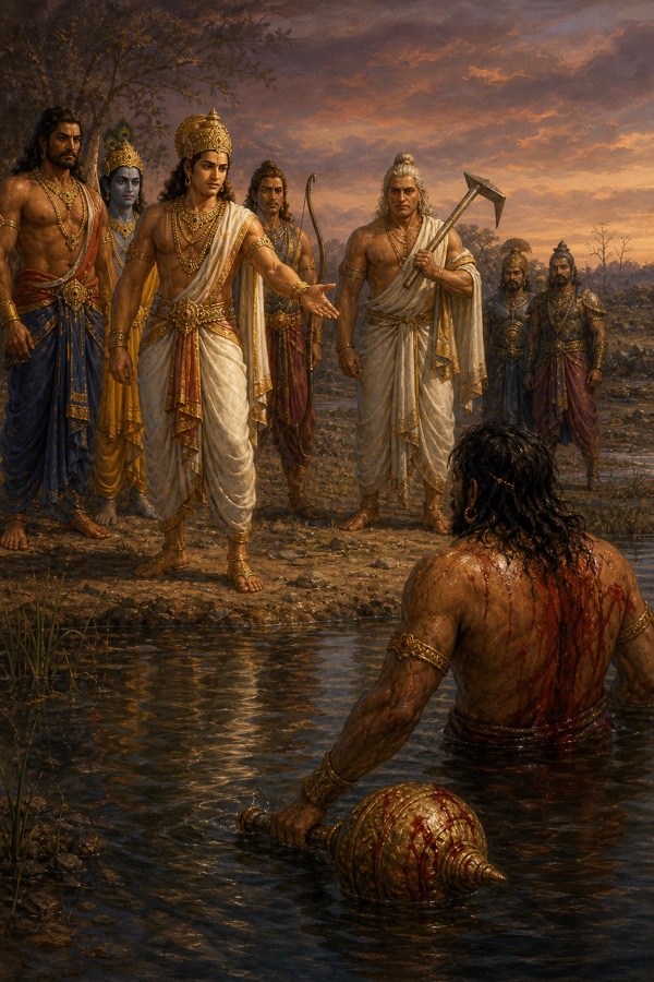 सरोवर में खड़ा रक्तरंजित दुर्योधन गदा थामे पीछे मुड़ता है, किनारे पांडव और कृष्ण उसे पुकारते हैं।