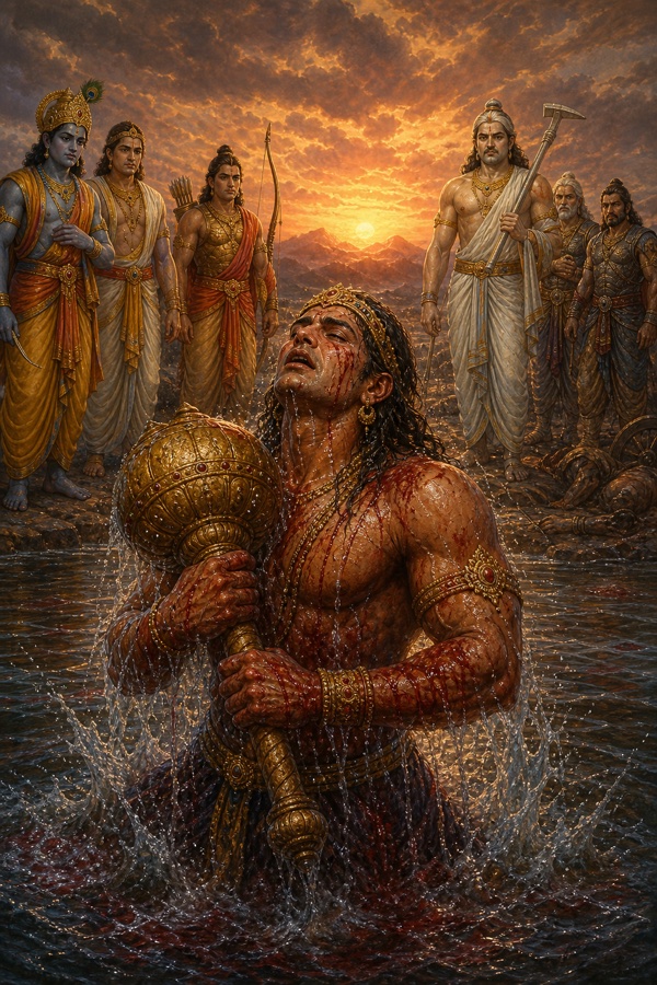 लहूलुहान दुर्योधन गदा उठाए जल से बाहर निकलता है, किनारे कृष्ण और पांडव खड़े देखते हैं।