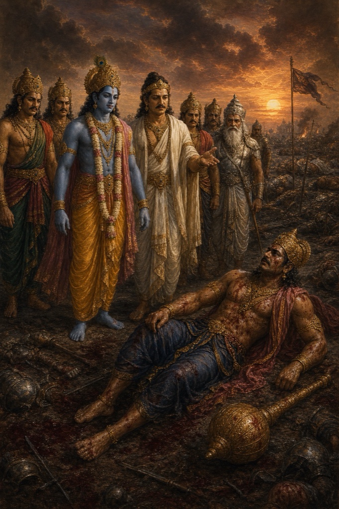 युद्धभूमि पर घायल दुर्योधन चित पड़ा है, कृष्ण और पांडव पास खड़े हैं, चारों ओर शव बिखरे हैं।