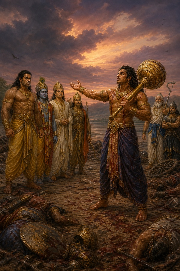 गदा कंधे पर रखे दुर्योधन हाथ फैलाकर पांडवों को ललकारता है, भूमि पर शव और टूटे शस्त्र पड़े हैं।