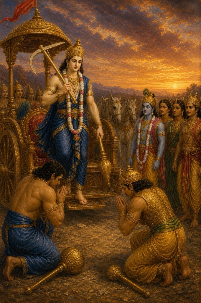 रथ से उतरे हलधारी बलराम के आगे भीम और दुर्योधन गदाएं भूमि पर रखकर हाथ जोड़े झुकते हैं।