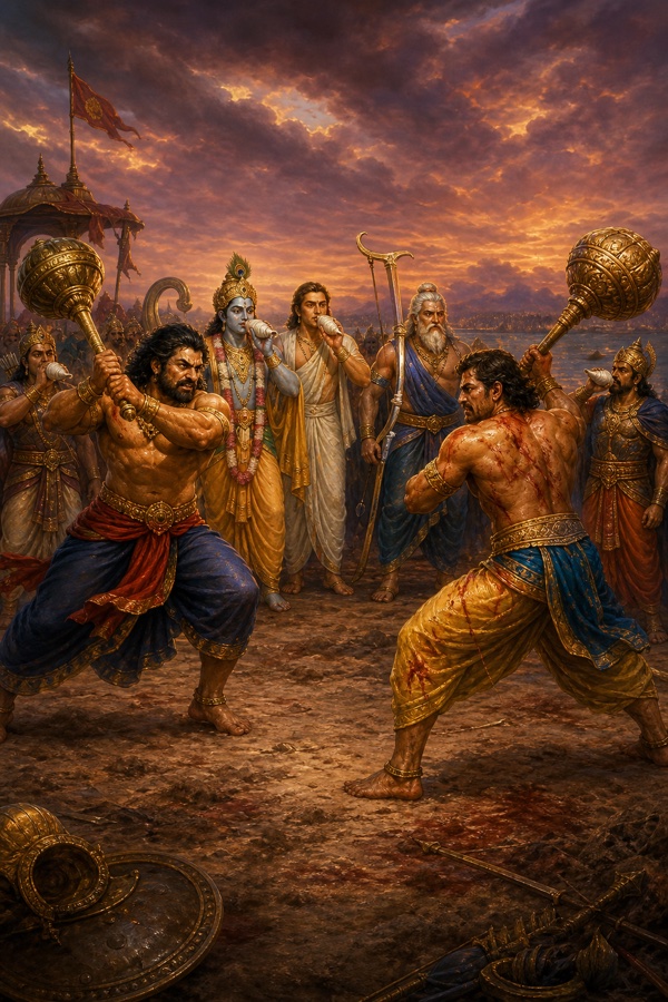 भीम और दुर्योधन गदाएं उठाए आमने-सामने डटे हैं, कृष्ण और बलराम समेत दर्शक शंख बजाते हैं।