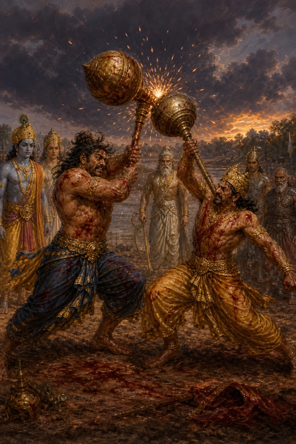 गदायुद्ध में भीम और दुर्योधन की गदाएं टकराकर चिंगारियां बिखेरती हैं, कृष्ण और योद्धा पास खड़े देखते हैं।