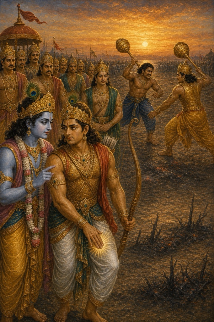कृष्ण उंगली से संकेत करते हैं और अर्जुन अपनी जांघ छूते हैं, पीछे भीम-दुर्योधन का गदायुद्ध चलता है।