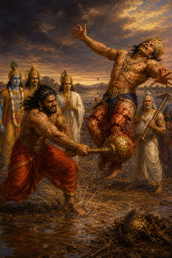 भीम की गदा दुर्योधन की जांघों पर पड़ती है और वह रक्त बहाते हुए पीछे उछलकर गिरता है।