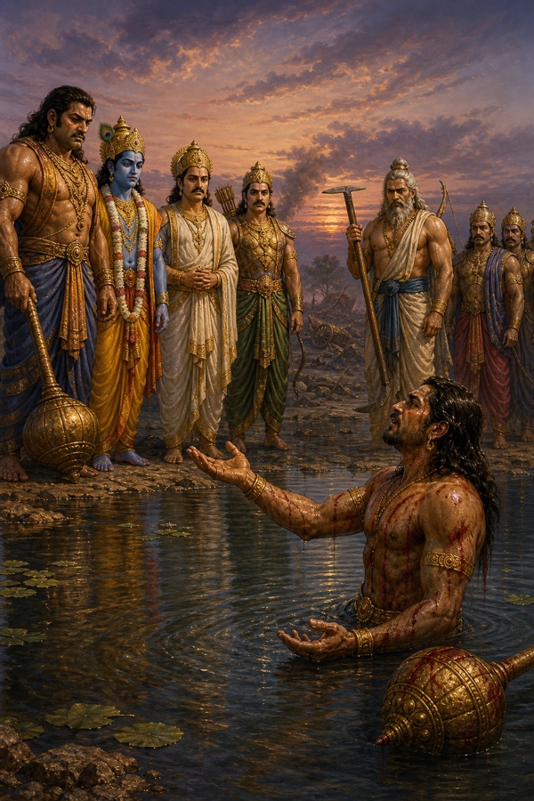 जल में डूबा घायल दुर्योधन हाथ उठाकर उत्तर देता है, किनारे भीम, कृष्ण और पांडव अस्त्र लिए खड़े हैं।