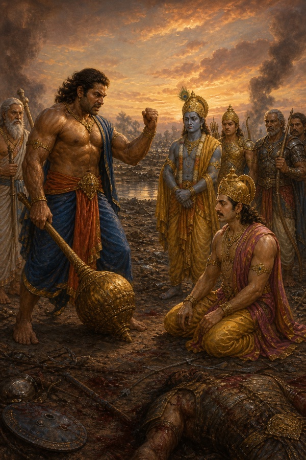 भीम मुट्ठी ताने घुटनों पर बैठे दुर्योधन को धिक्कारते हैं, कृष्ण और अन्य योद्धा गंभीर खड़े देखते हैं।