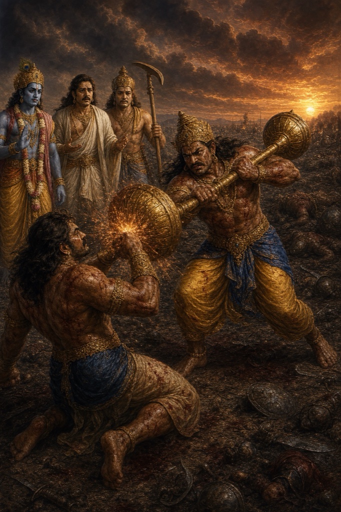दुर्योधन की गदा घुटनों पर गिरे भीम पर बरसती है और चिंगारियां छूटती हैं, कृष्ण पास खड़े देखते हैं।