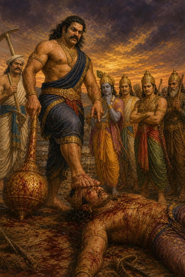 भीम गिरे हुए दुर्योधन के मस्तक पर पैर रखते हैं, कृष्ण और अन्य योद्धा अनमने भाव से देखते हैं।