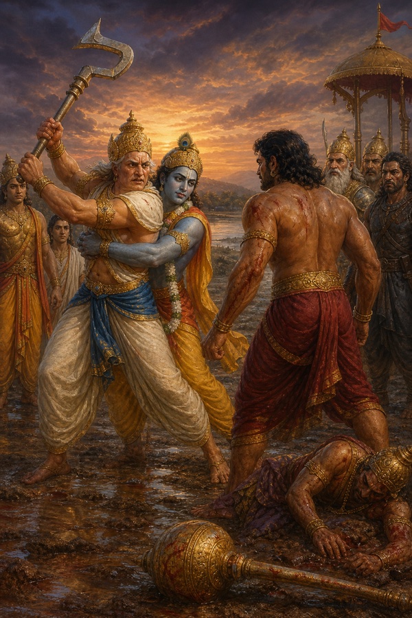 क्रोधित बलराम हल उठाकर झपटते हैं और कृष्ण उन्हें बांहों में जकड़कर रोकते हैं, घायल दुर्योधन भूमि पर पड़ा है।
