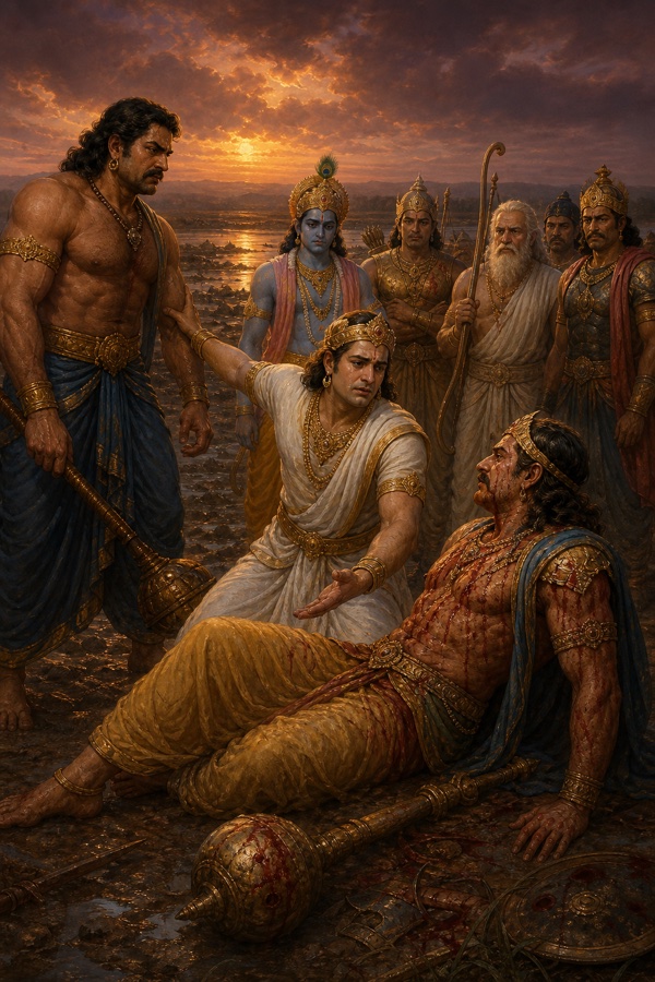 युधिष्ठिर घायल पड़े दुर्योधन की ओर झुककर हाथ बढ़ाते हैं, भीम गदा लिए पास खड़े हैं।