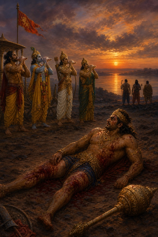 मरणासन्न दुर्योधन भूमि पर पड़ा है, कृष्ण और पांडव शंख बजाते हैं, दूर तीन योद्धा चले जाते हैं।
