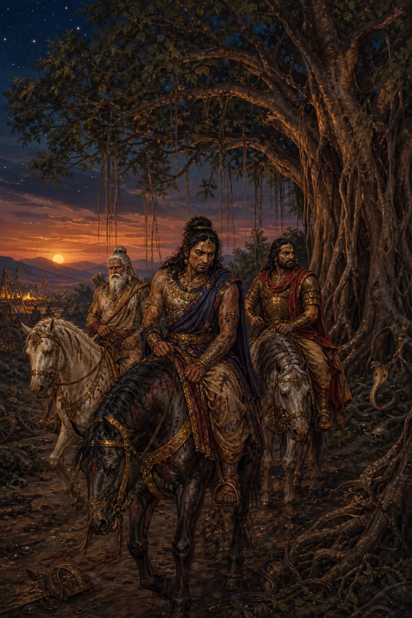 अश्वत्थामा, कृपाचार्य और कृतवर्मा घोड़ों पर सांझ के समय विशाल वटवृक्ष के पास वन में पहुंचते हैं।