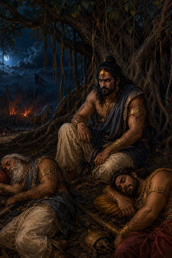 रात में वटवृक्ष के नीचे अश्वत्थामा जागते बैठे हैं, कृपाचार्य और कृतवर्मा पास सोए हैं, दूर आग जलती है।