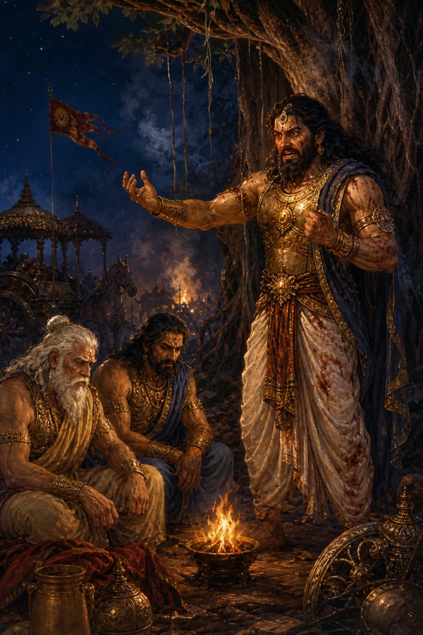 अलाव के पास खड़े अश्वत्थामा हाथ बढ़ाकर अपनी योजना कहते हैं, कृपाचार्य और कृतवर्मा नीचे बैठे सुनते हैं।