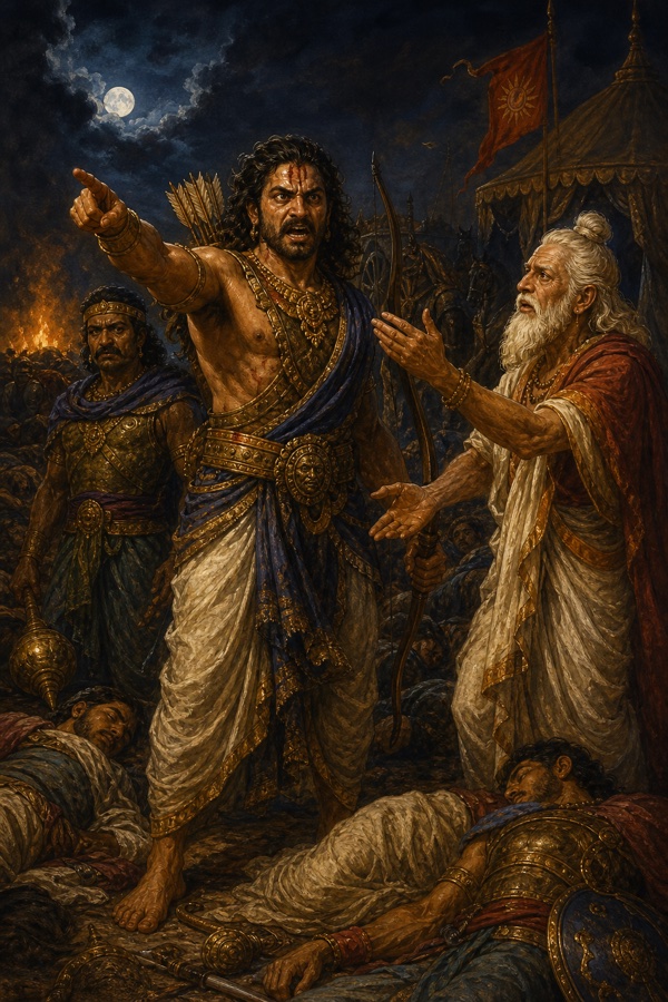 अश्वत्थामा शिविर की ओर उंगली उठाकर बढ़ना चाहते हैं, वृद्ध कृपाचार्य दोनों हाथ फैलाकर उन्हें रोकते हैं।