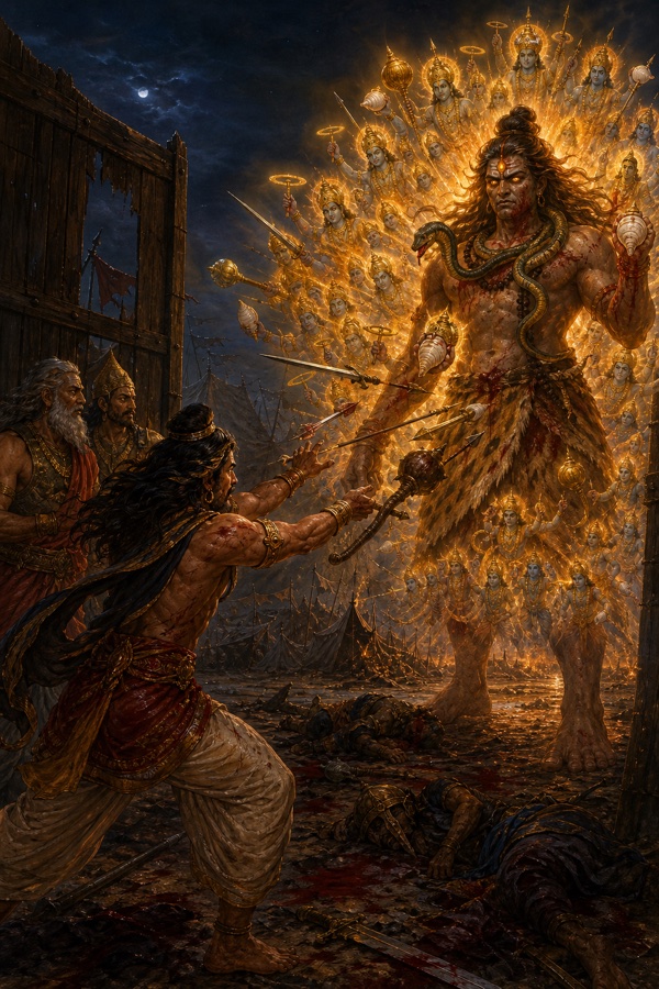 शिविर द्वार पर तेज से घिरे विशाल दिव्य द्वारपाल पर अश्वत्थामा प्रहार करते हैं, अस्त्र उसमें समा जाते हैं।