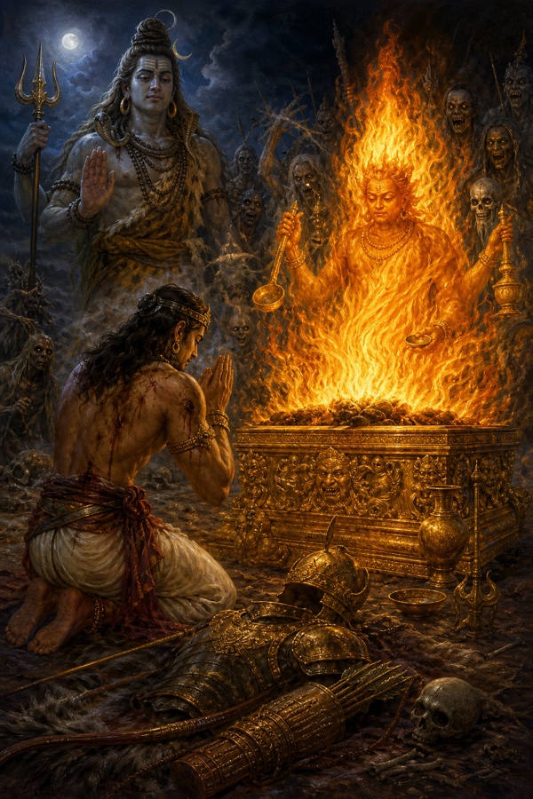 अश्वत्थामा हाथ जोड़कर स्वयं को अग्नि में अर्पित करने बैठे हैं, त्रिशूलधारी शिव सम्मुख प्रकट होते हैं।